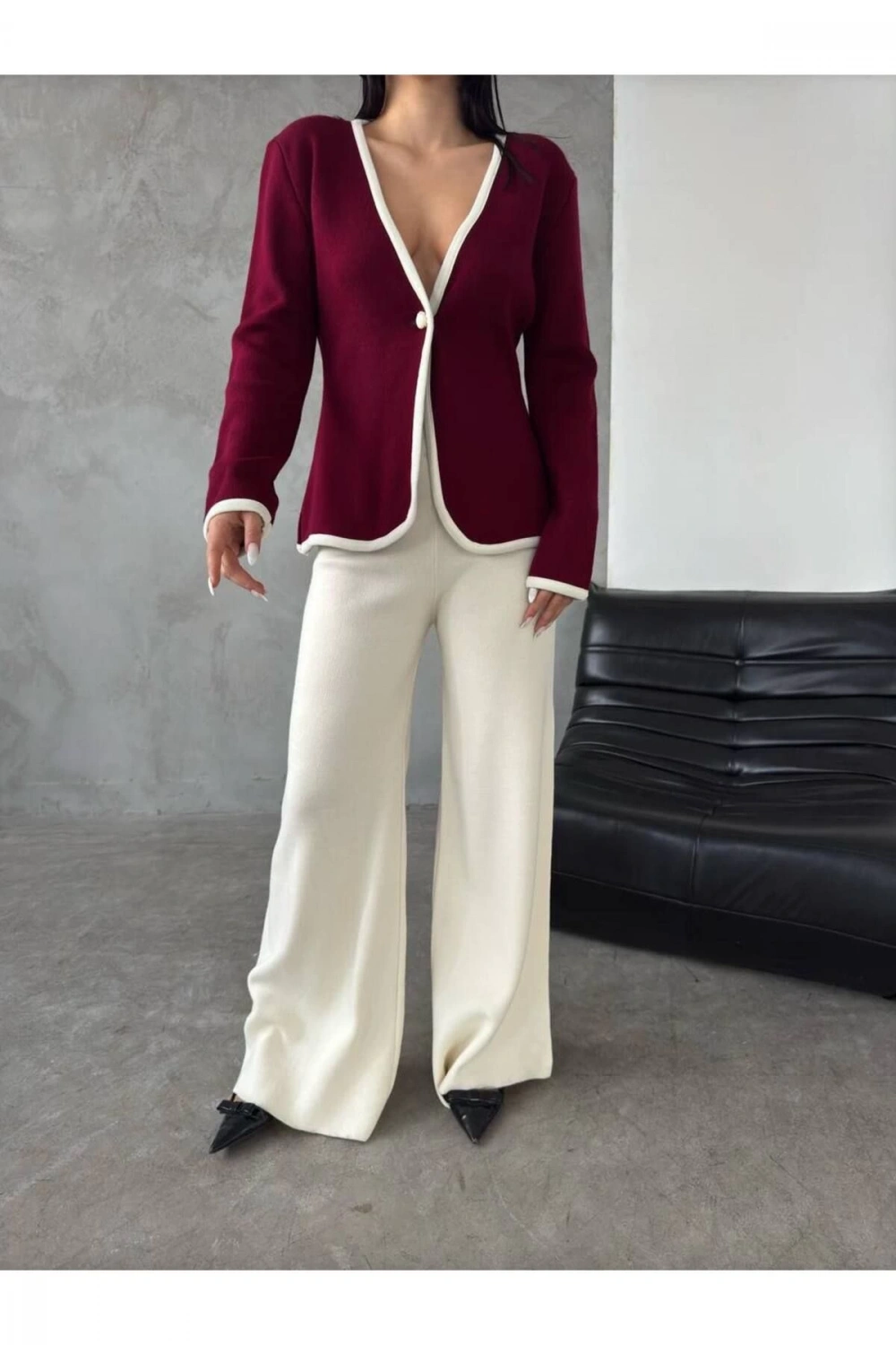 Kadın Bordo Triko Ceket Yelek Pantolon Alt Üst İkili Triko Takım
