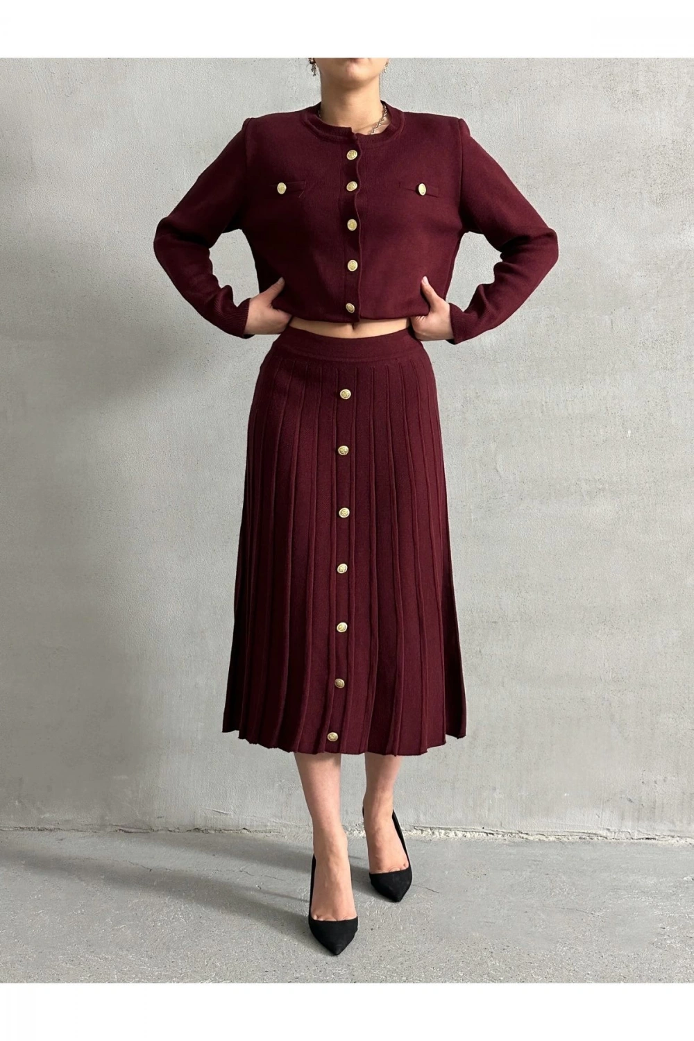 Kadın Bordo Düğme Detaylı Hırka Midi Etek Ikili Triko Takım S/m
