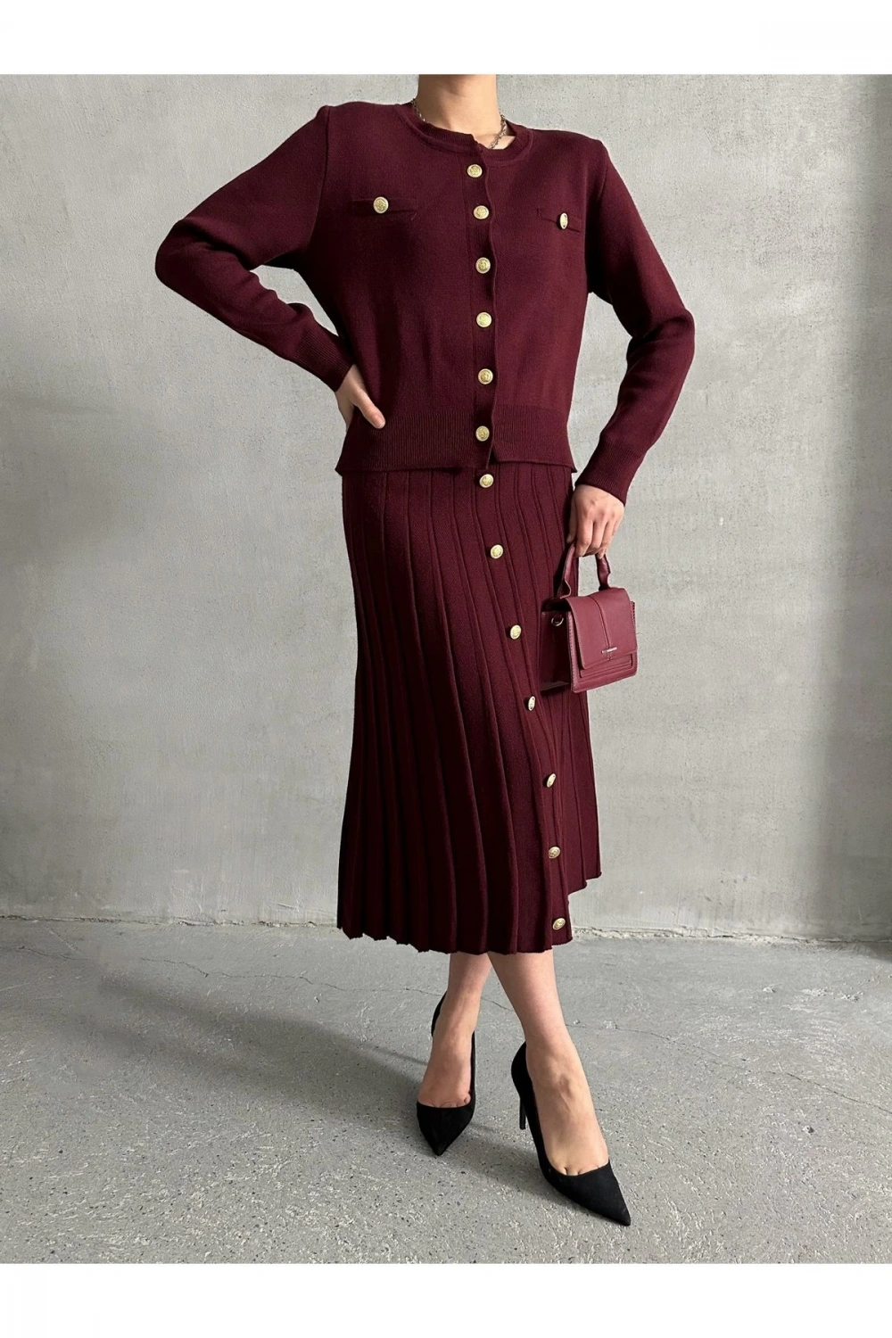 Kadın Bordo Düğme Detaylı Hırka Midi Etek Ikili Triko Takım S/m