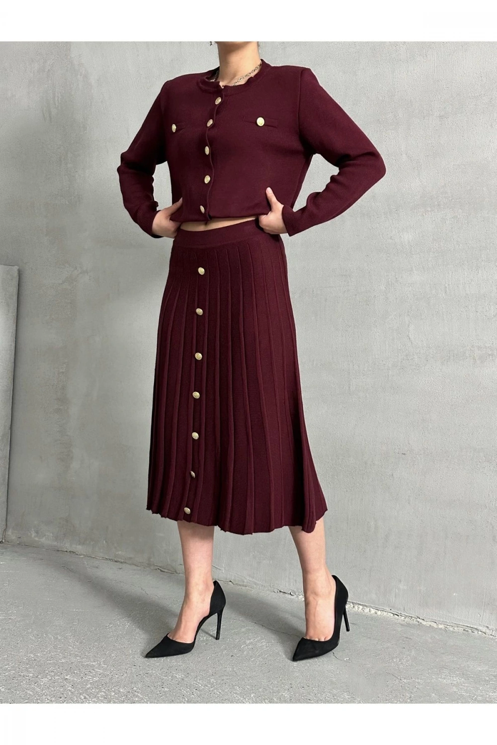 Kadın Bordo Düğme Detaylı Hırka Midi Etek Ikili Triko Takım S/m