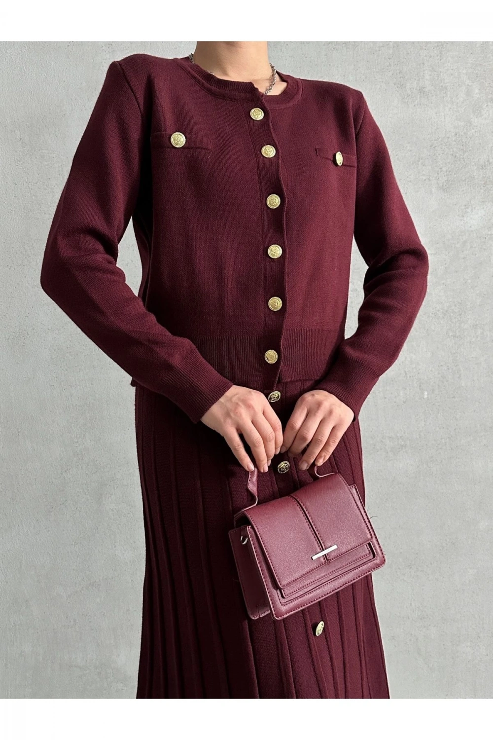 Kadın Bordo Düğme Detaylı Hırka Midi Etek Ikili Triko Takım S/m
