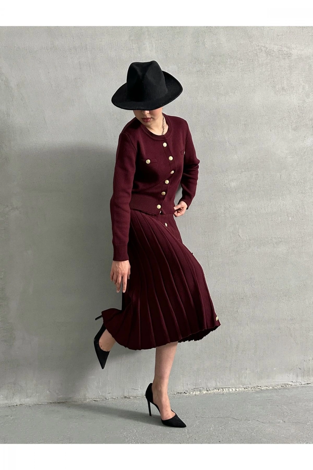 Kadın Bordo Düğme Detaylı Hırka Midi Etek Ikili Triko Takım S/m