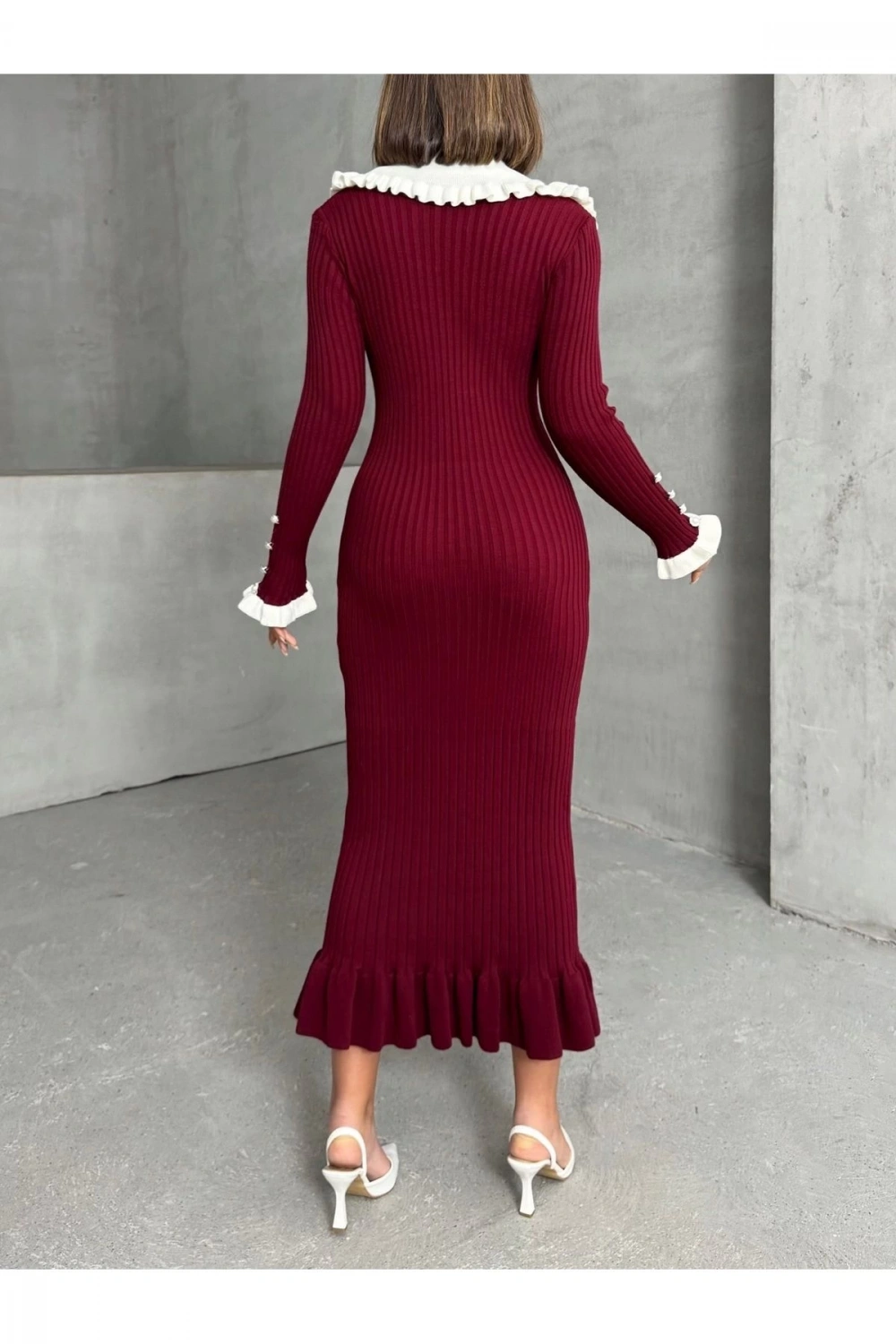 Kadın Bordo Şık Yaka Detaylı Midi Boy Triko Elbise