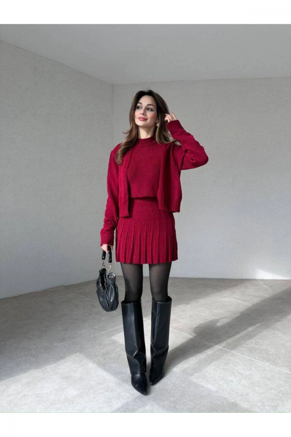 Kadın Bordo Hırka Bluz Yelek 3lü Triko Takım S/M