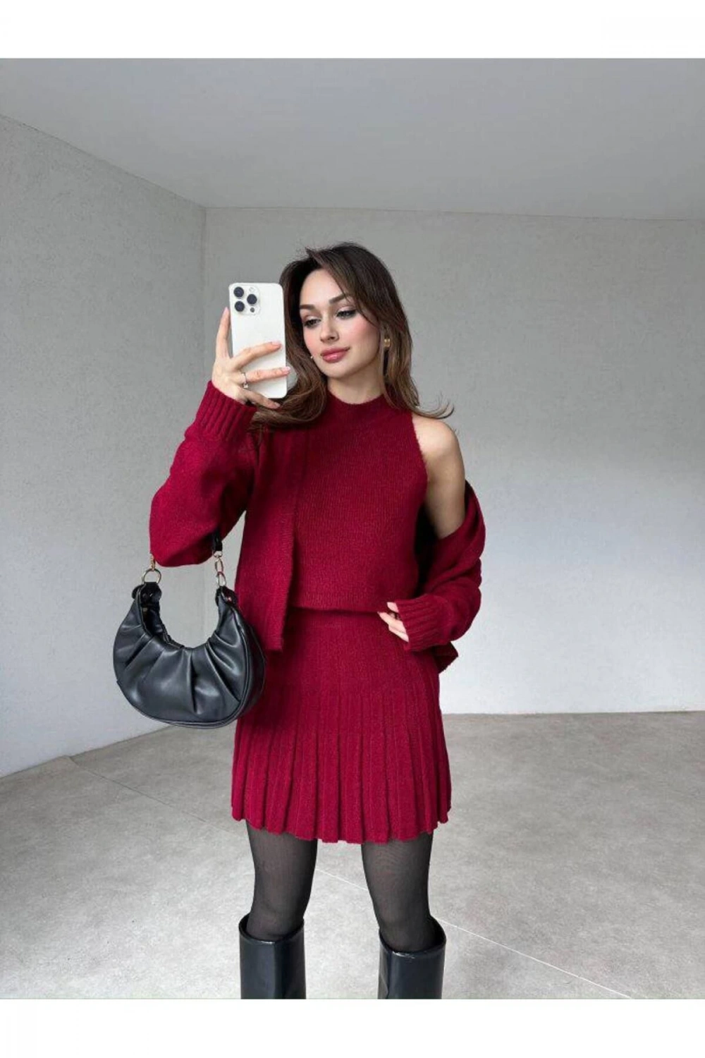 Kadın Bordo Hırka Bluz Yelek 3lü Triko Takım S/M