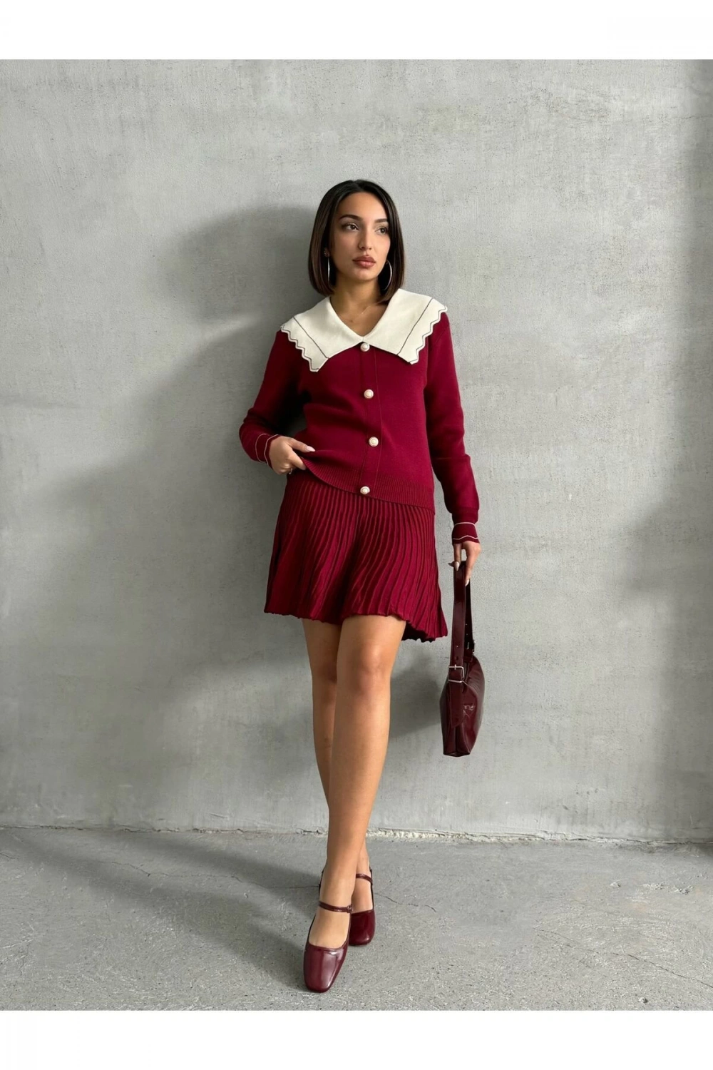 Kadın Bordo Şık Yaka Detaylı Hırka Bluz Etek Alt Üst İkili Takım