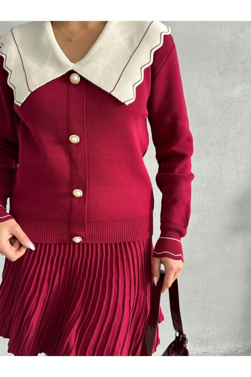 Kadın Bordo Şık Yaka Detaylı Hırka Bluz Etek Alt Üst İkili Takım