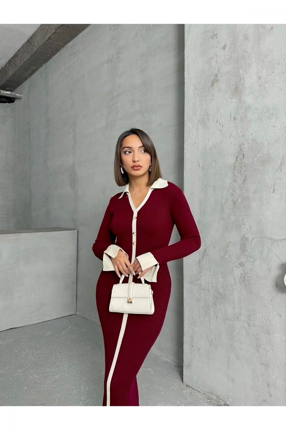 Kadın Bordo Polo Yaka Şık Kol Detaylı Midi Triko Elbise