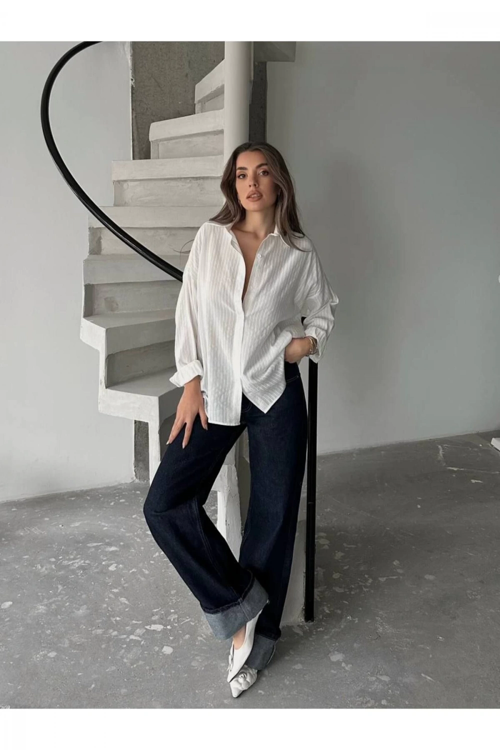Kadın Ekru Premium Kalite Çizgili Oversize Tiril Gömlek