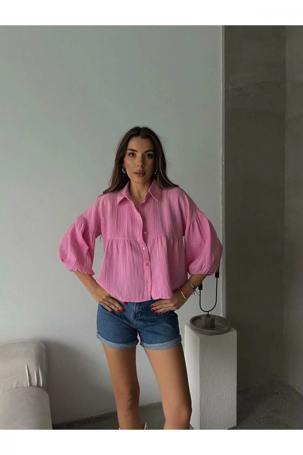 Kadın Pembe Kısa Balon Müslin Kumaş Premium Gömlek