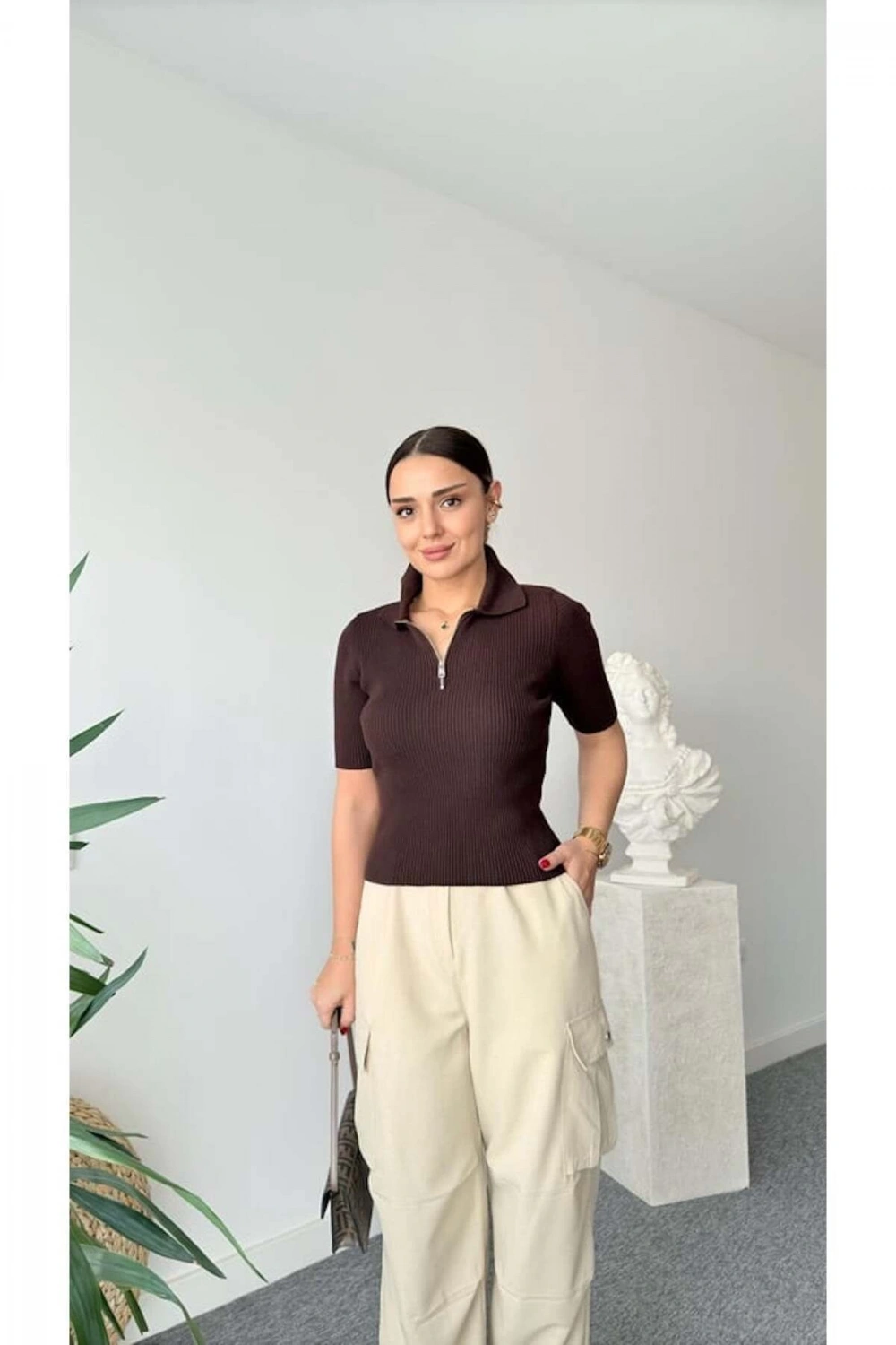 Kadın Bordo Yarım Fermuarlı Esnek Premium Kalite Polo Yaka Triko Bluz