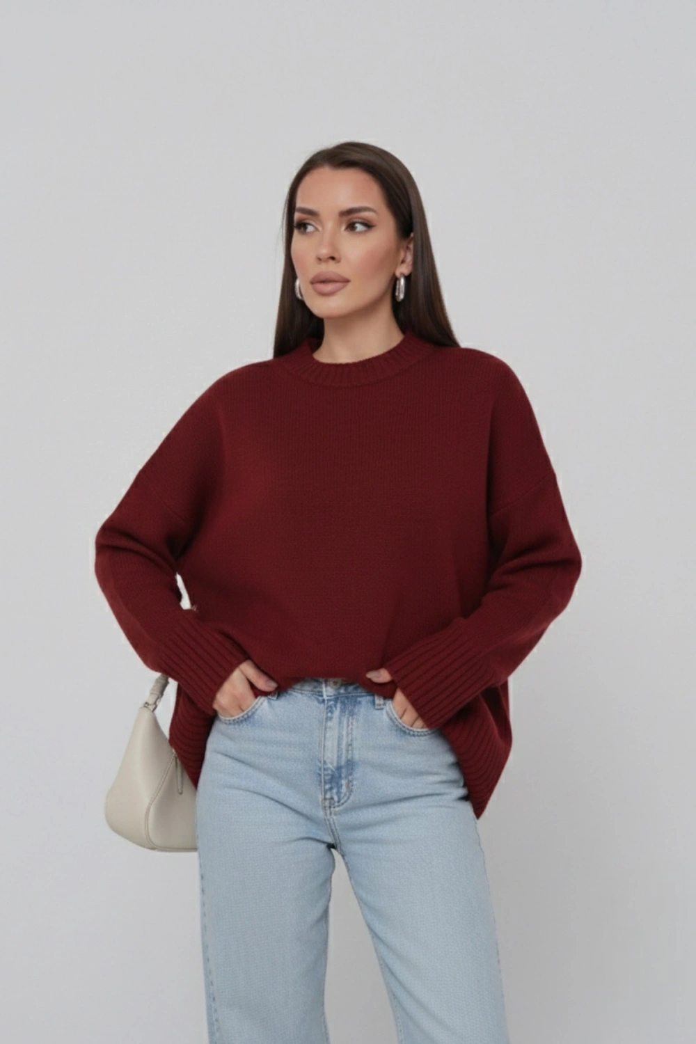 Kadın Oversize Bordo Bisiklet Yaka Pamuksu Dokulu Uzun Kol Triko Kazak