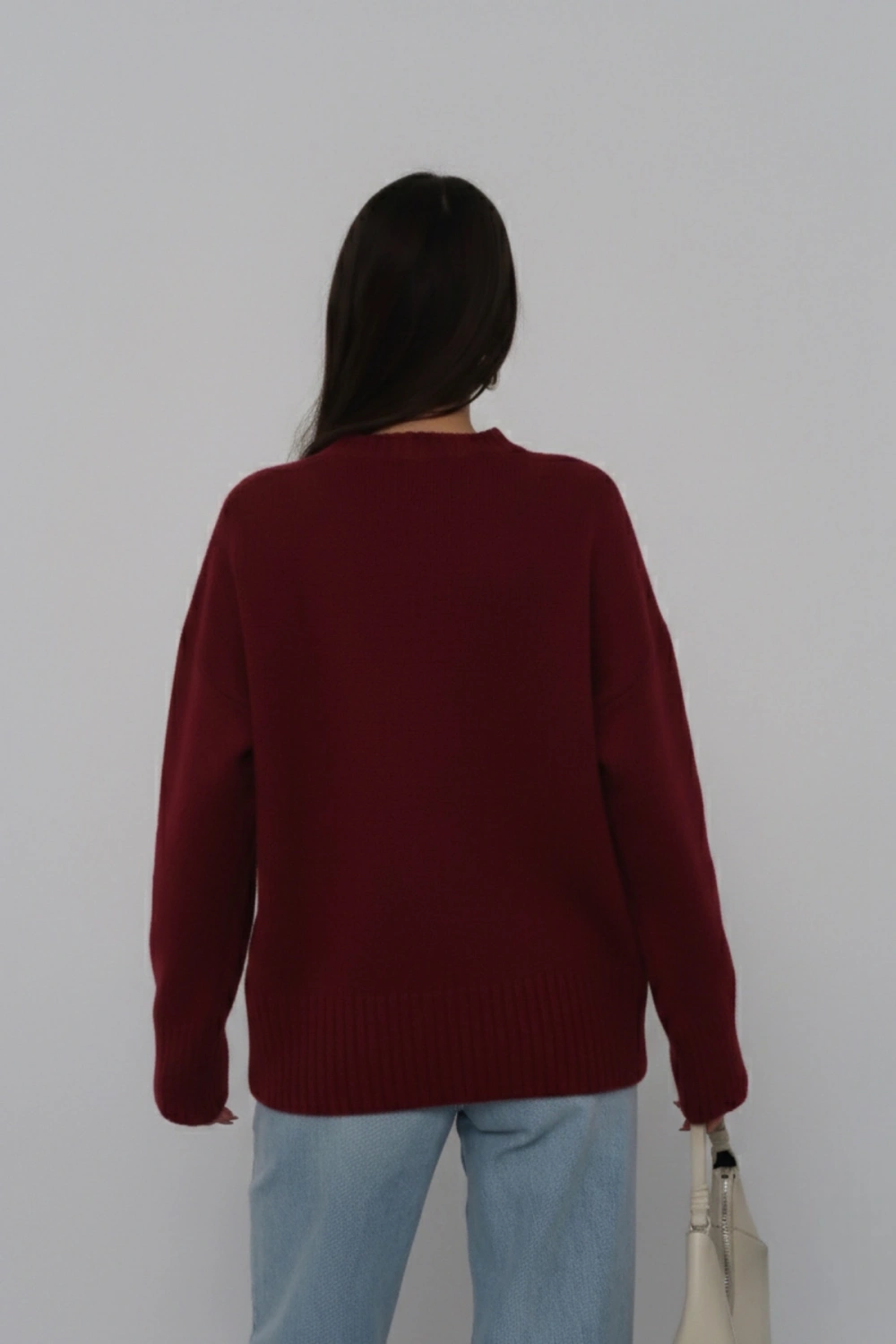 Kadın Oversize Bordo Bisiklet Yaka Pamuksu Dokulu Uzun Kol Triko Kazak