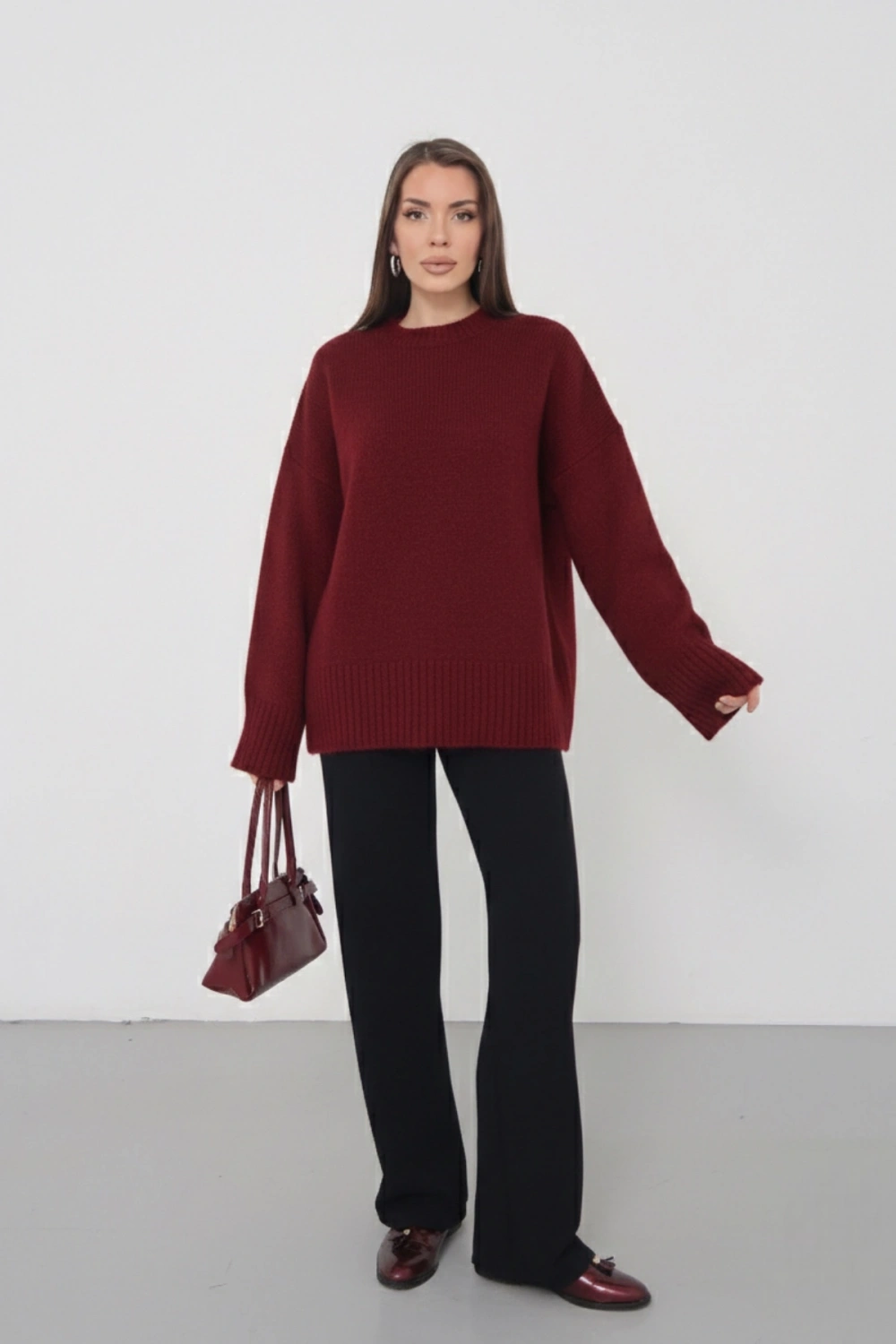 Kadın Oversize Bordo Bisiklet Yaka Pamuksu Dokulu Uzun Kol Triko Kazak