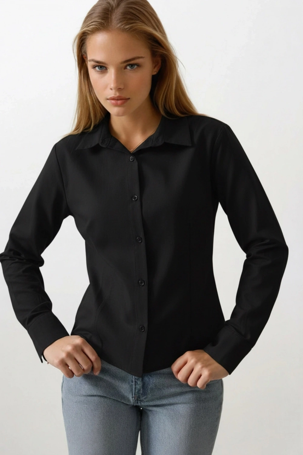 Kadın Siyah Slim Fit Pensli Dar Kesim Günlük Şık Gömlek