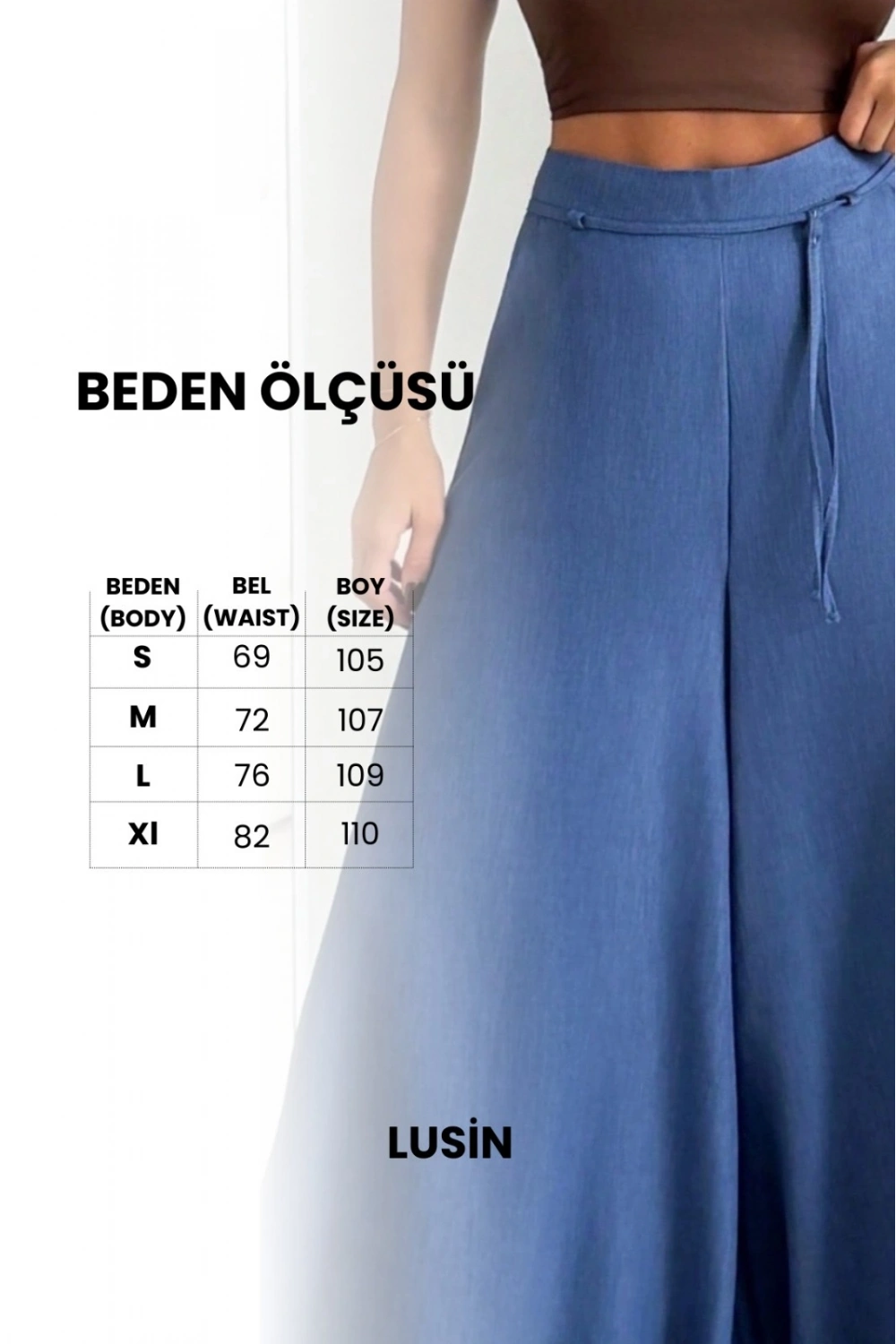 Kadın Mavi Bağcıklı Yüksek Bel Rahat Kesim Bol Paça Sofya Keten Pantolon