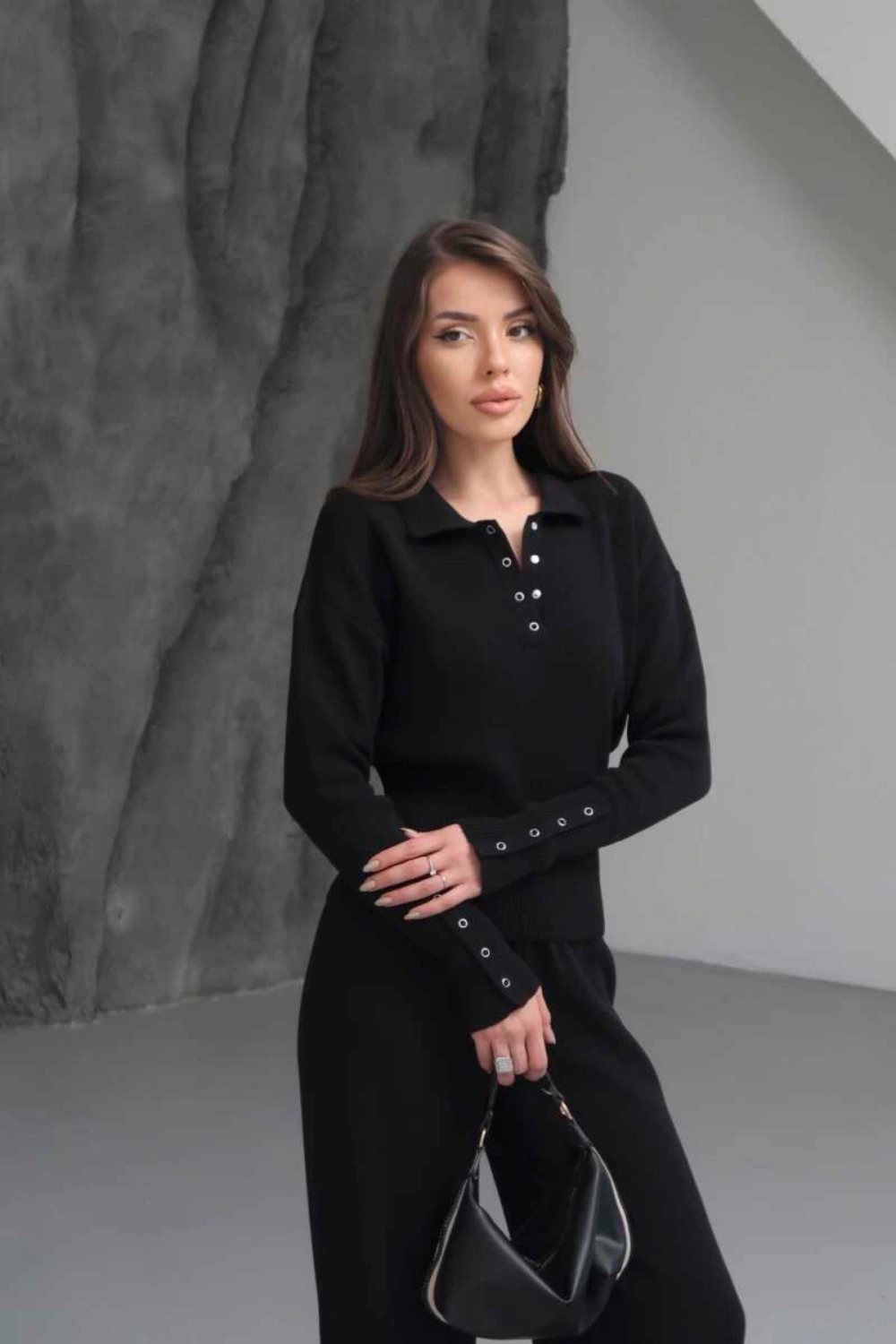 Kadın Siyah Cıtcıt Detaylı Polo Yaka Bluz Geniş Paça Pantolon Alt Üst İkili Triko Takım