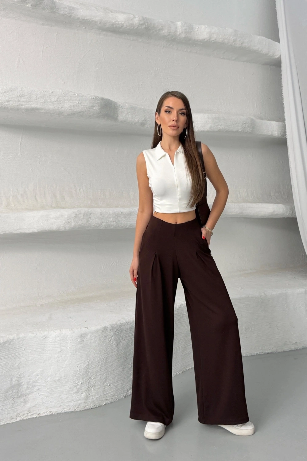 Kadın Acı Kahve Yüksek Bel Hareket Özgürlüğü Sunan Beli Lastikli Geniş Paça Pantolon
