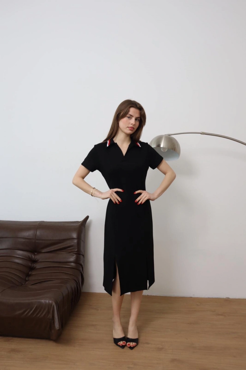 Kadın Siyah Şerit Polo Yaka Detayli Basic Midi Elbise