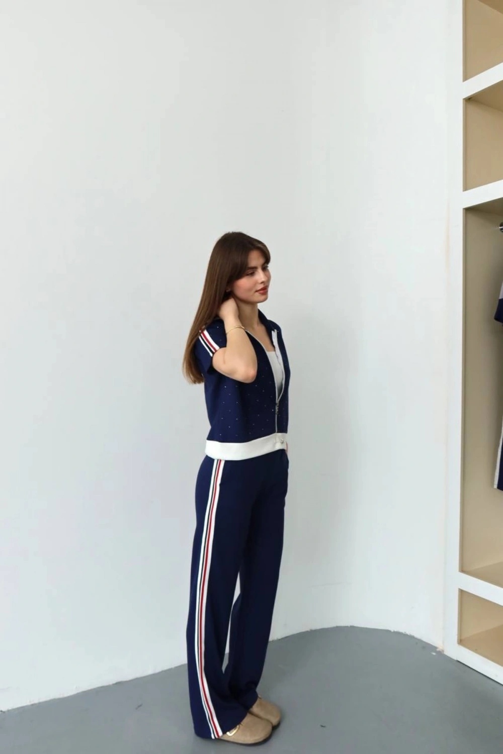 Kadın Lacivert Şık Taş ve Şerit Detaylı Pantolon Fermuarlı Bluz Alt Üst İkili Yumuşacık Takım