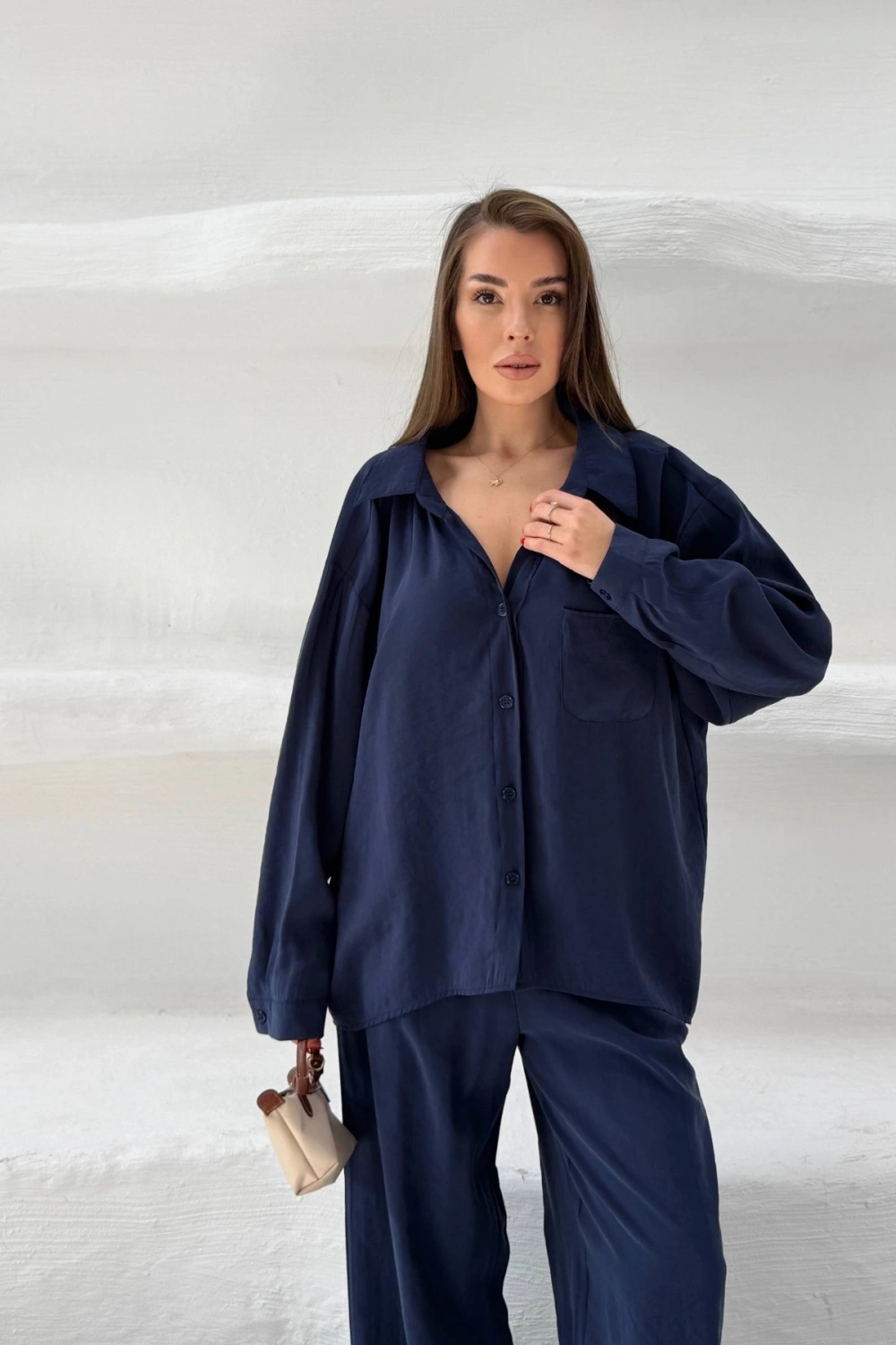 Kadın Lacivert Oversize Şık Tensel Kumaş Gömlek Geniş Paça Pantolon Takım Rahat Kesim İkili Premium Takım