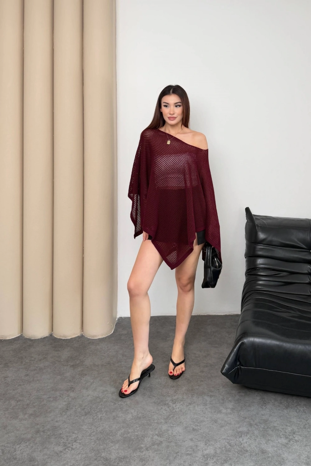 Kadın Bordo Kayık Madonna Yaka Panço Görünümlü Şık Oversize Yazlık Mevsimlik File Bluz