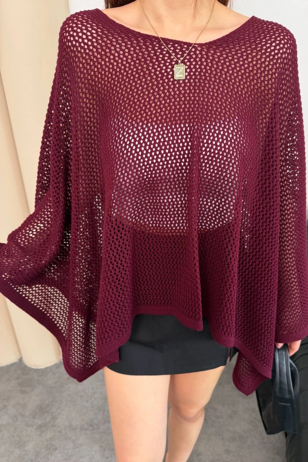 Kadın Bordo Kayık Madonna Yaka Panço Görünümlü Şık Oversize Yazlık Mevsimlik File Bluz