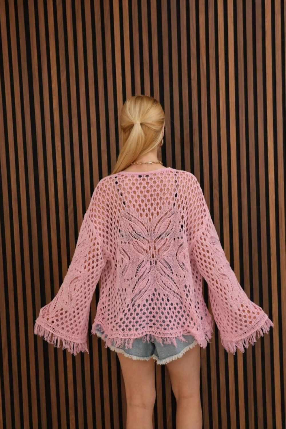 Kadın Pembe Ajurlu Örgü Detaylı Yazlık Salaş Bohem Kimono Hırka