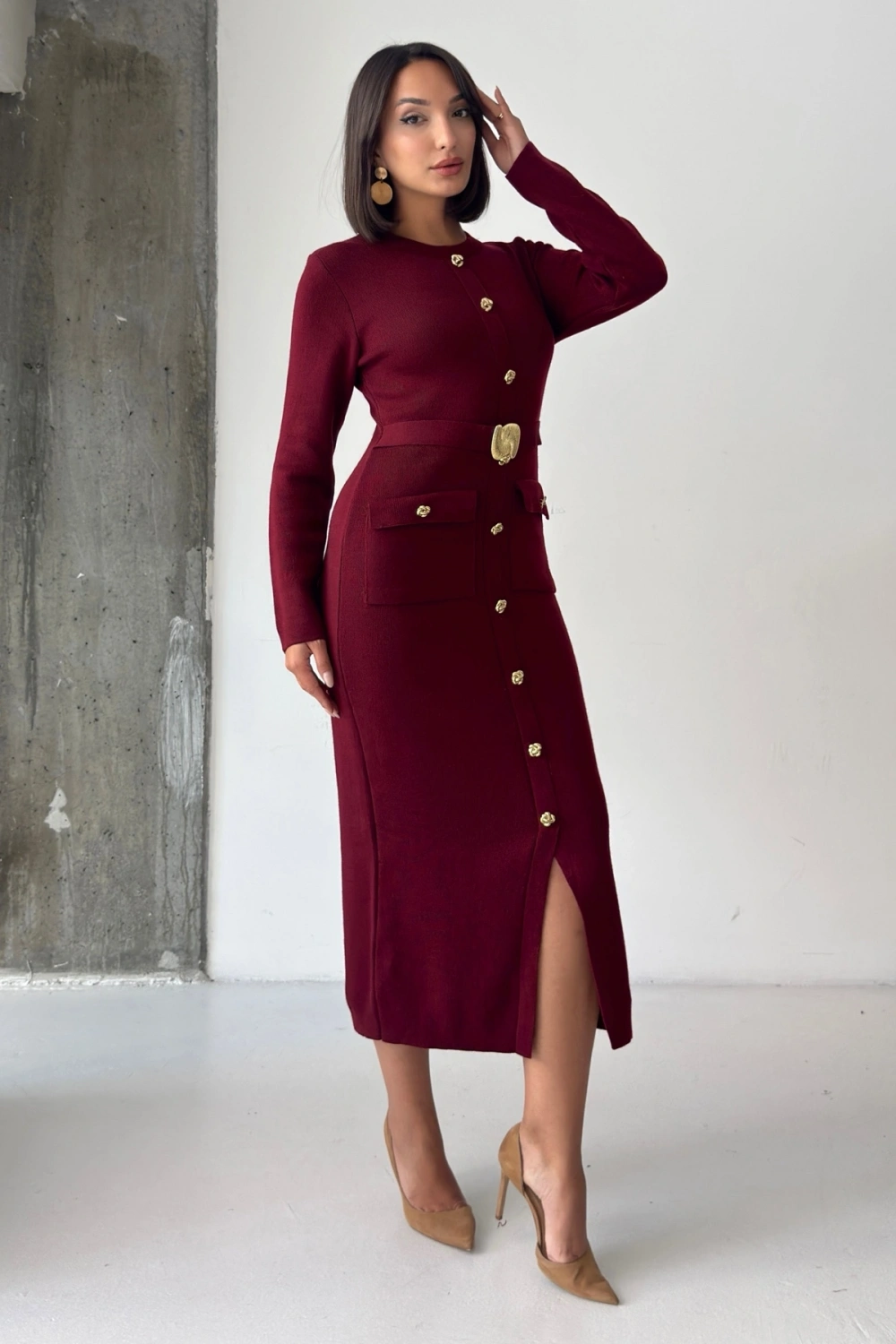 Kadın Bordo Şık Düğme Ve Kemer Detaylı Slim Midi Triko Elbise (S/M Beden)
