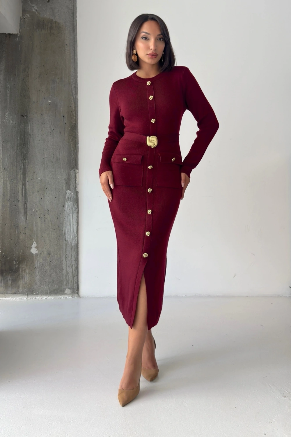 Kadın Bordo Şık Düğme Ve Kemer Detaylı Slim Midi Triko Elbise (S/M Beden)