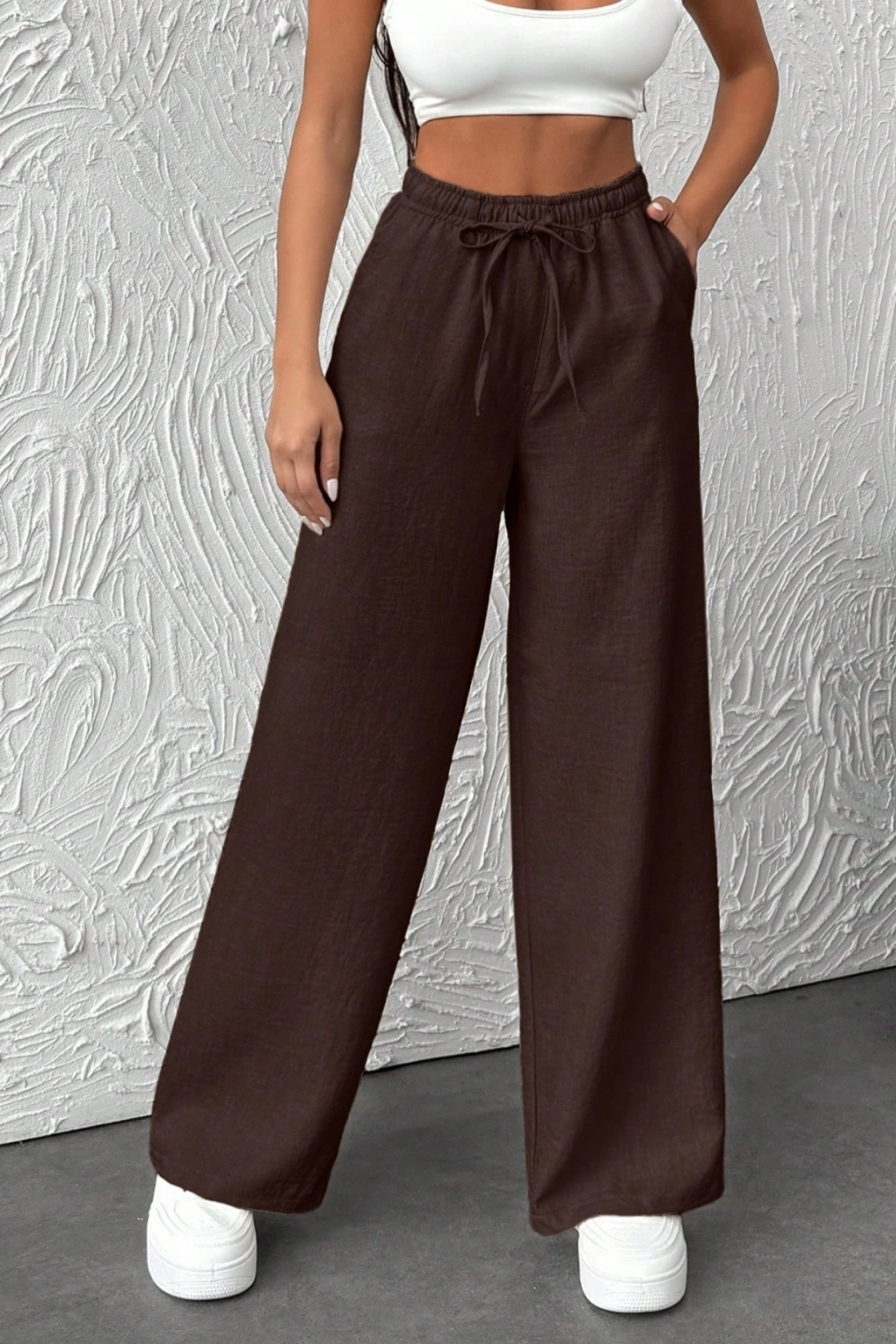 Kadın Kahverengi Bağcıklı Beli Lastikli Cepli Geniş Paça Yazlık Sofya Keten Pantolon