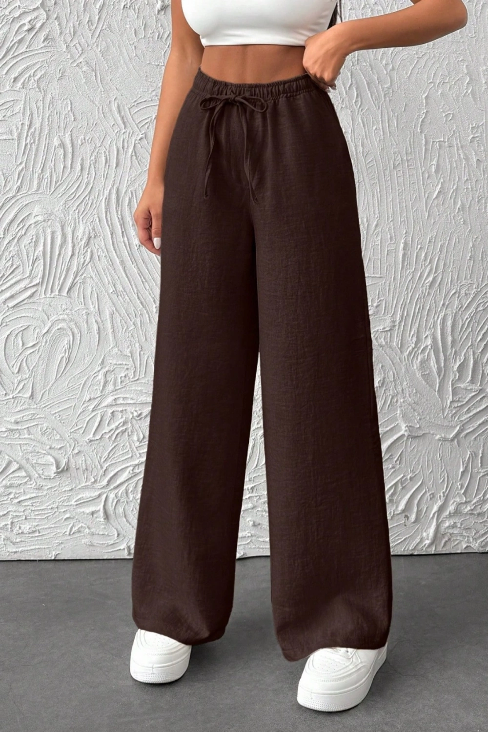 Kadın Kahverengi Bağcıklı Beli Lastikli Cepli Geniş Paça Yazlık Sofya Keten Pantolon