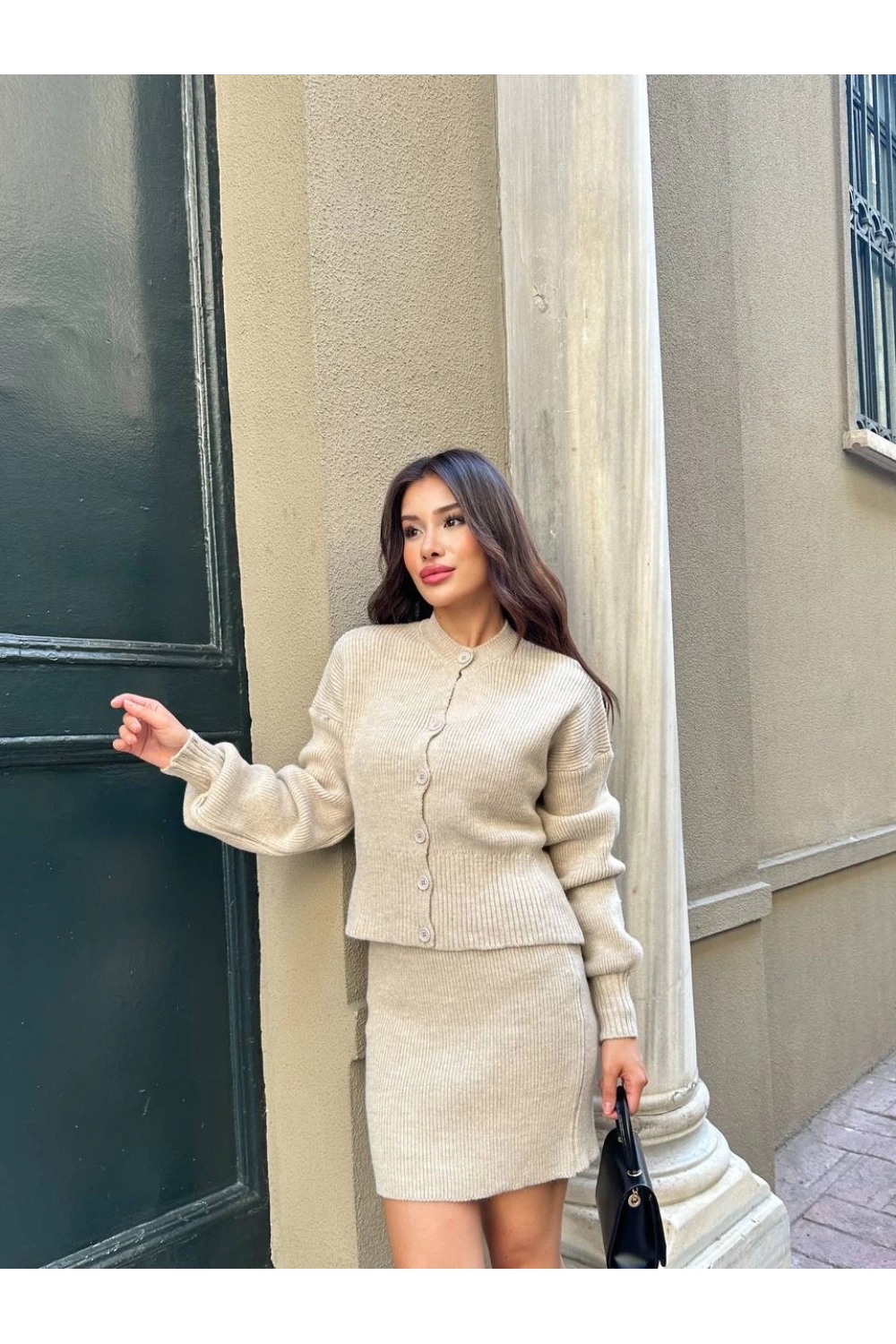 Kadın Bej Hırka Etek Alt Üst İkili Triko Takım