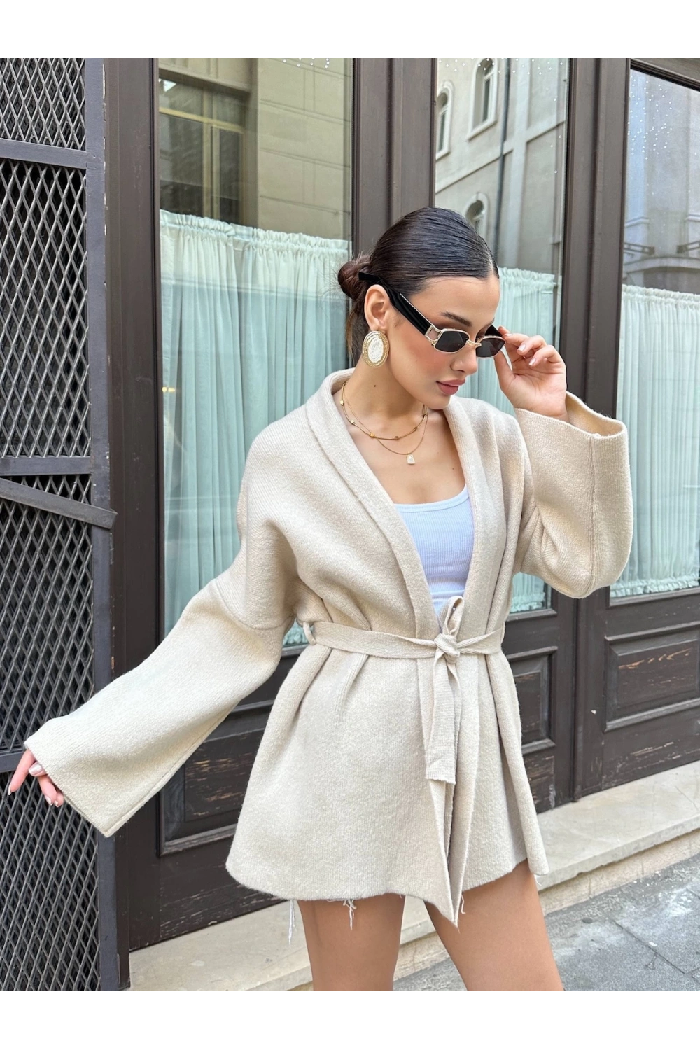 Kadın Bej Kemerli Triko Kimono Hırka
