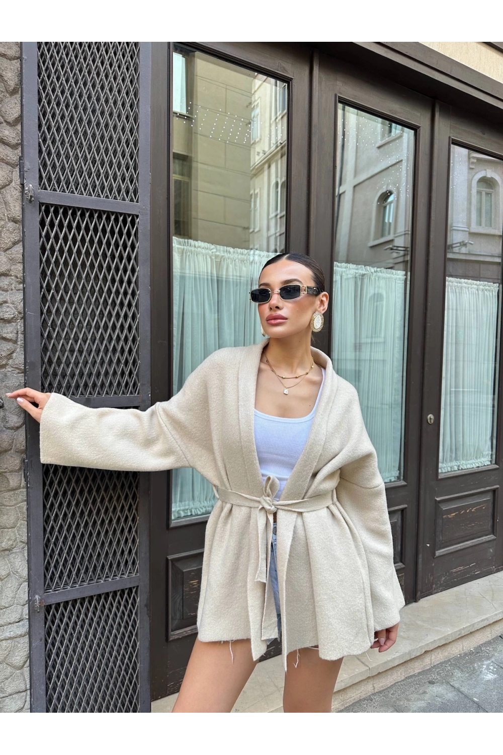 Kadın Bej Kemerli Triko Kimono Hırka