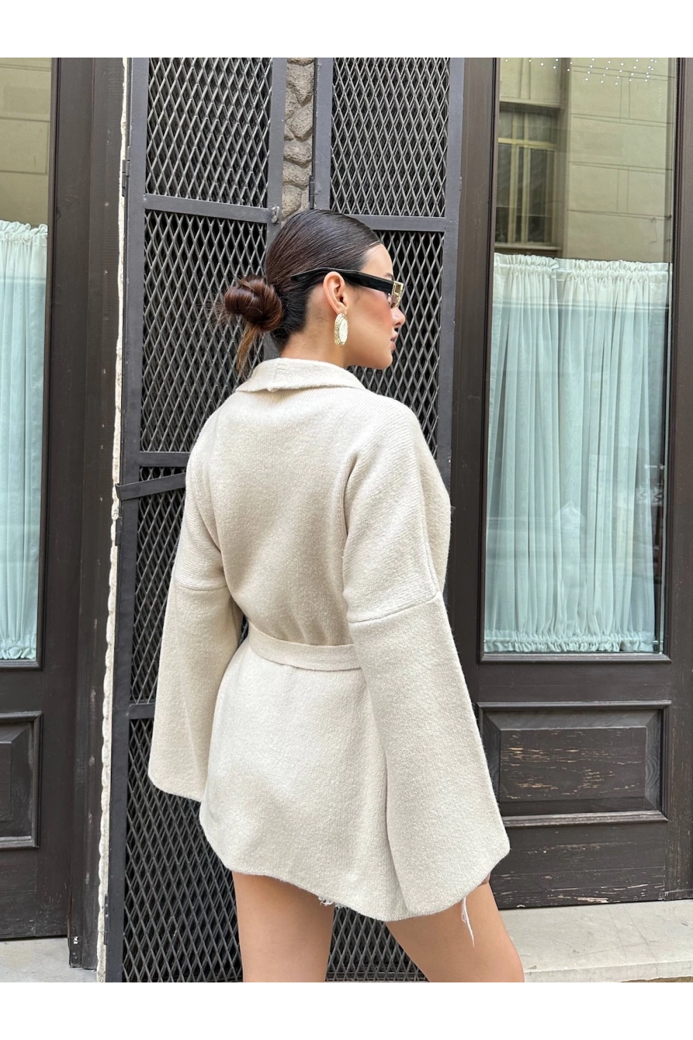 Kadın Bej Kemerli Triko Kimono Hırka