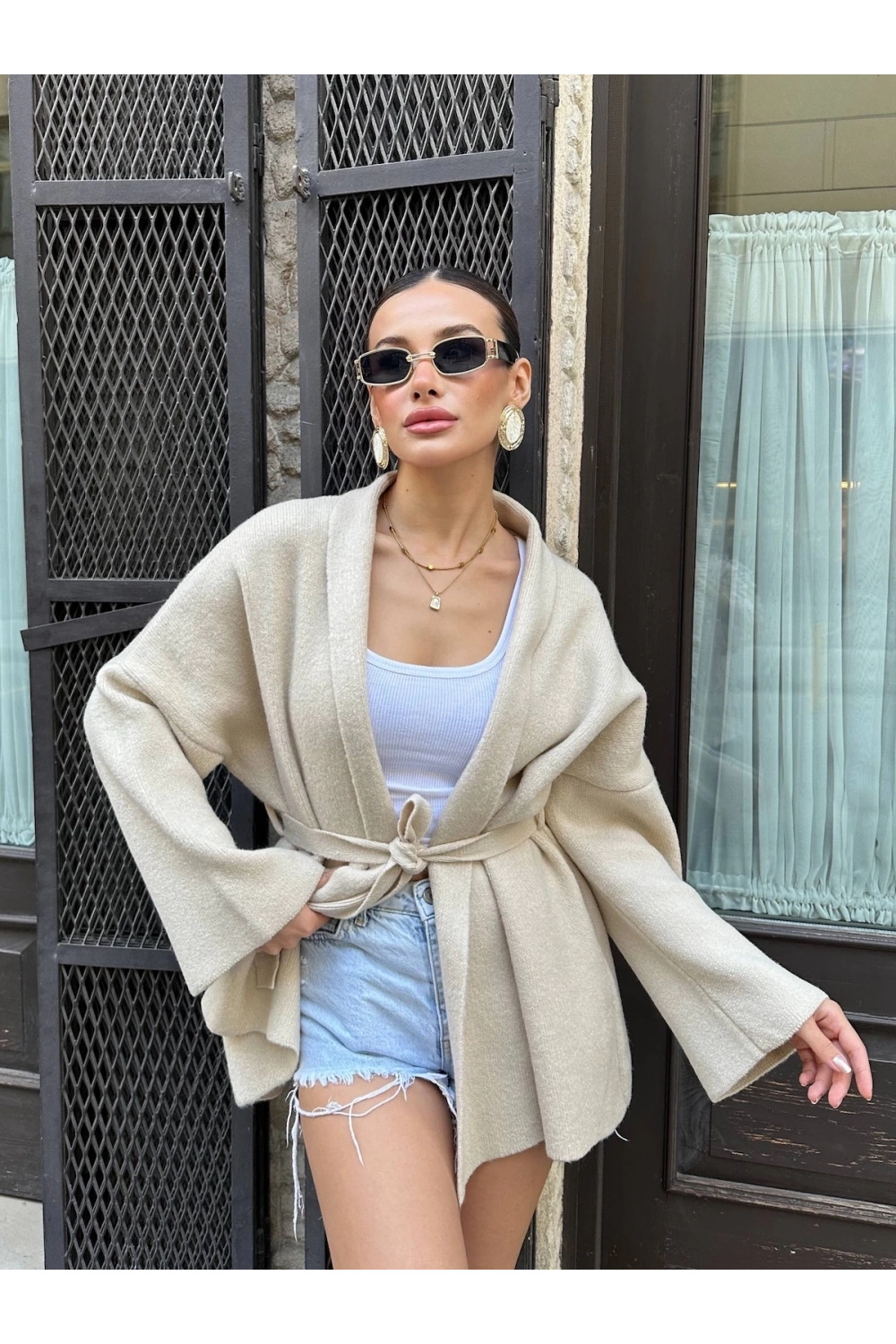 Kadın Bej Kemerli Triko Kimono Hırka