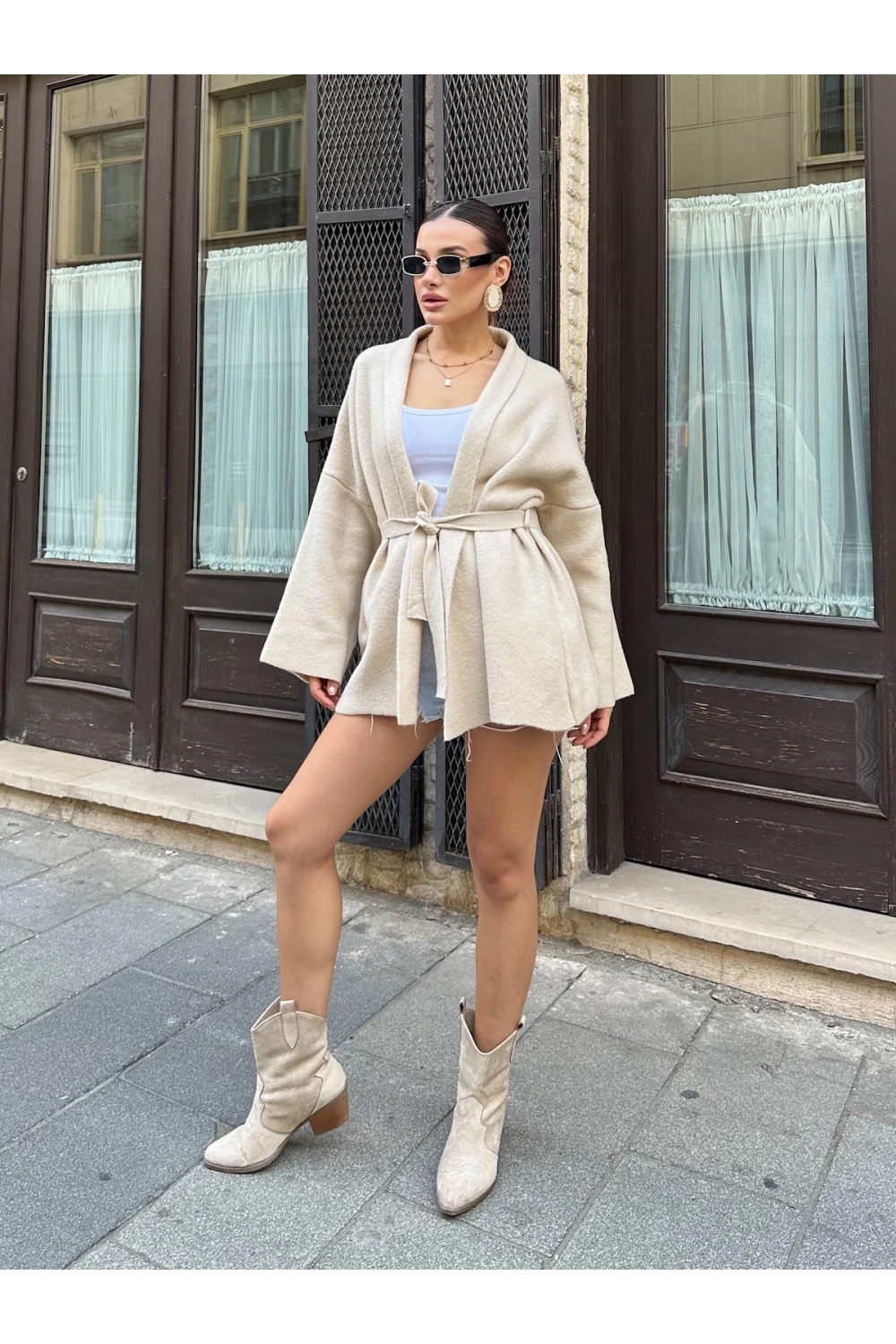 Kadın Bej Kemerli Triko Kimono Hırka