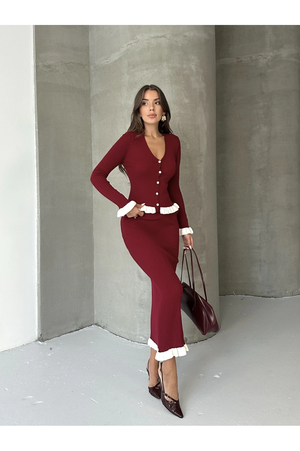 Kadın Bordo Fitilli Fırfır Detaylı Etek Bluz Zarif Triko Takım (S Beden)