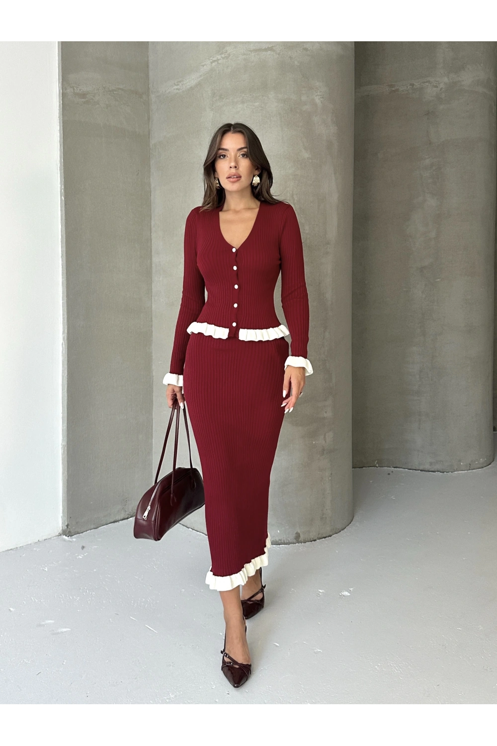 Kadın Bordo Fitilli Fırfır Detaylı Etek Bluz Zarif Triko Takım (S Beden)