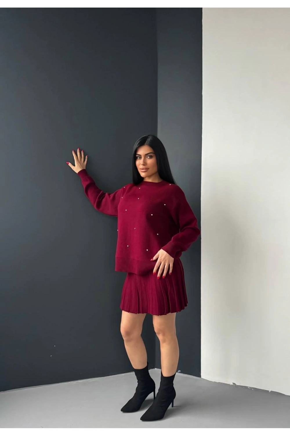 Kadın Bordo İnci Taş İşlemeli Kazak Etek Alt Üst İkili Triko Takım