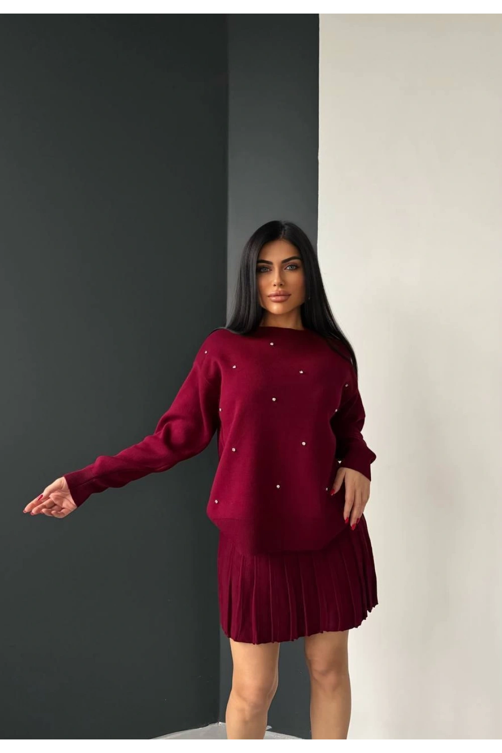 Kadın Bordo İnci Taş İşlemeli Kazak Etek Alt Üst İkili Triko Takım