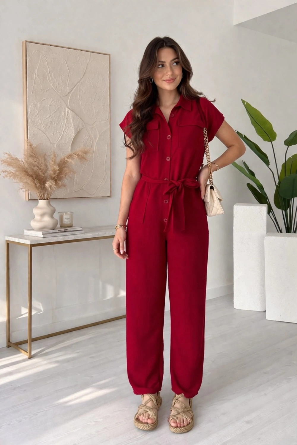 Kadın Bordo Kuşak Detaylı Cepli Kısa Kol Yazlık Keten Tulum