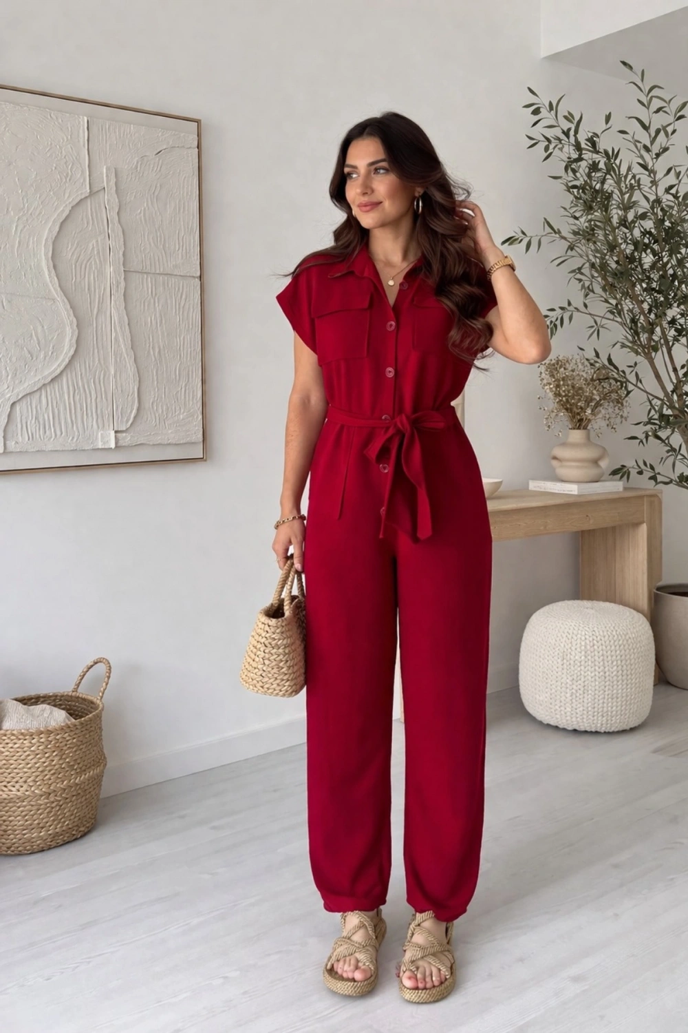Kadın Bordo Kuşak Detaylı Cepli Kısa Kol Yazlık Keten Tulum