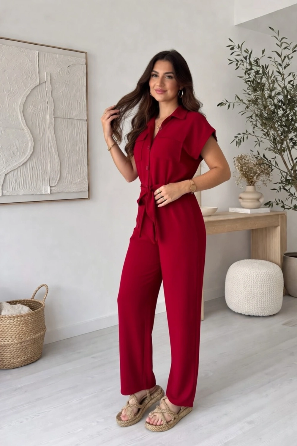 Kadın Bordo Kuşak Detaylı Cepli Kısa Kol Yazlık Keten Tulum