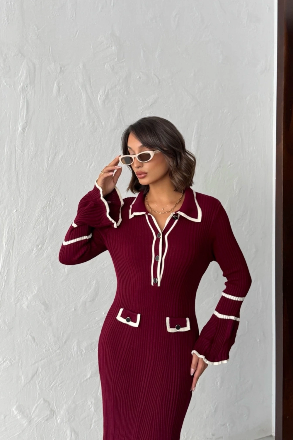 Kadın Bordo Polo Yaka Şık Düğme Detaylı Uzun Kol Triko Elbise