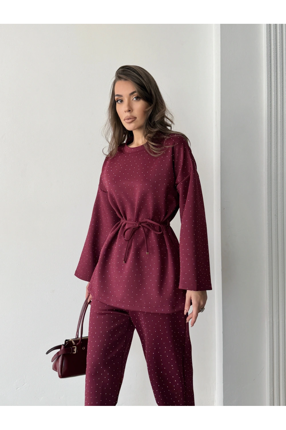Kadın Bordo Taş İşlemeli Bel Bağlama Detaylı Bluz Pantolon Alt Üst İkili Takım