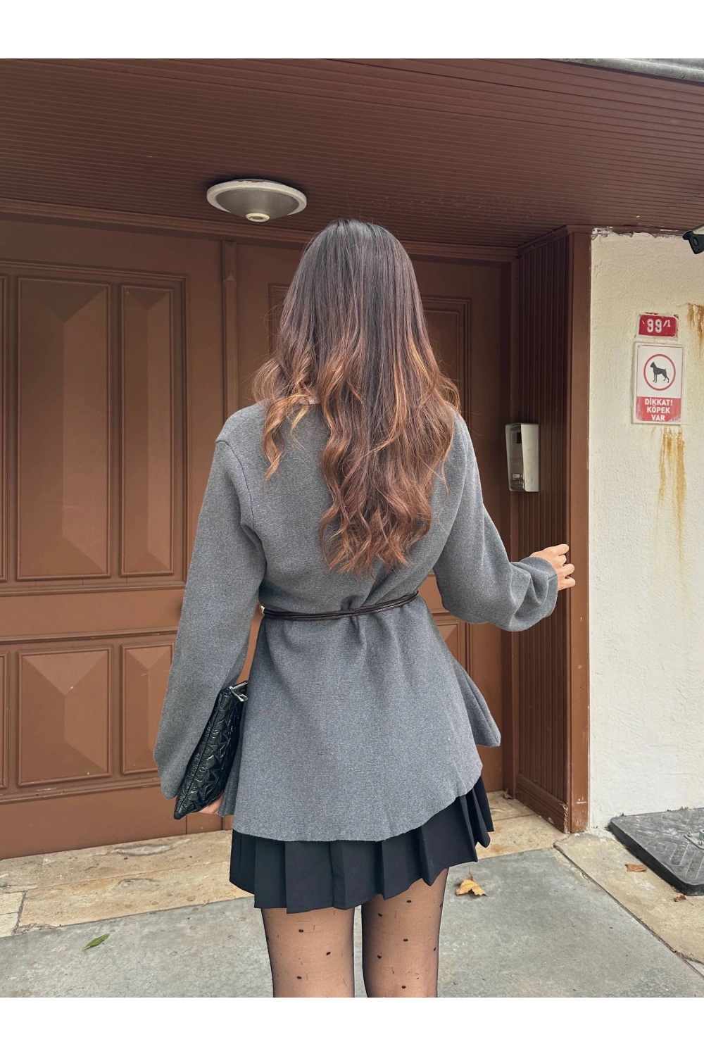 Kadın Gri Deri ip bağlama detaylı Triko Hırka