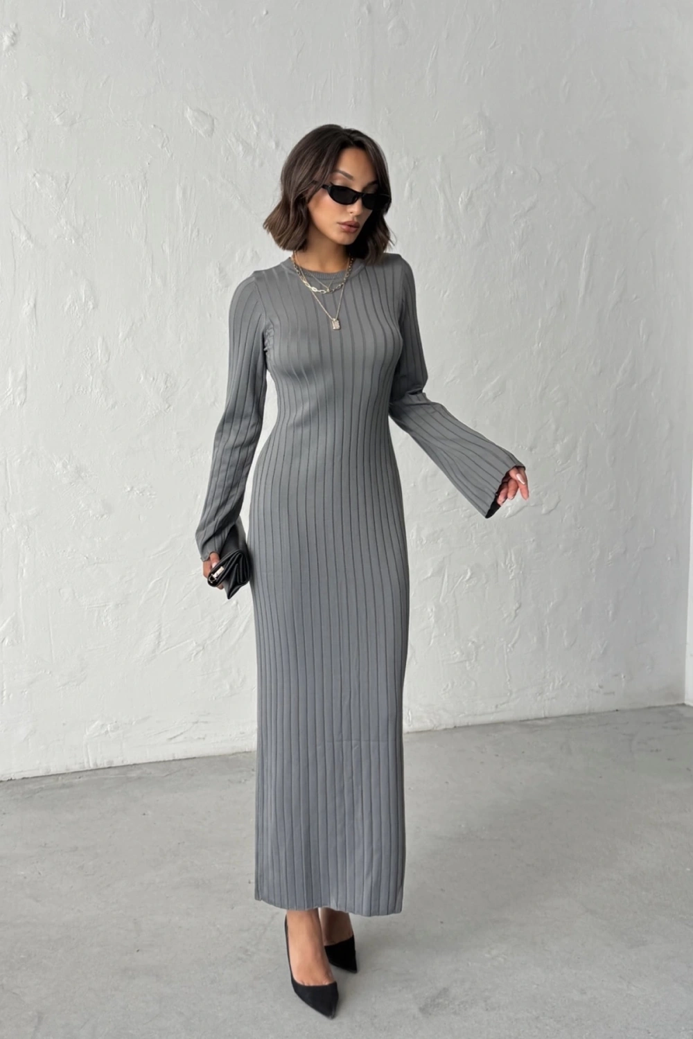 Kadın Gri Uzun kol Şık Zarif Midi Boy Triko Elbise