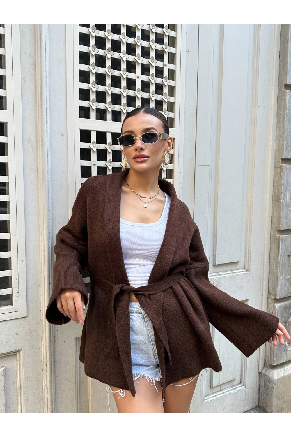 Kadın Kahverengi Kemerli Triko Kimono Hırka